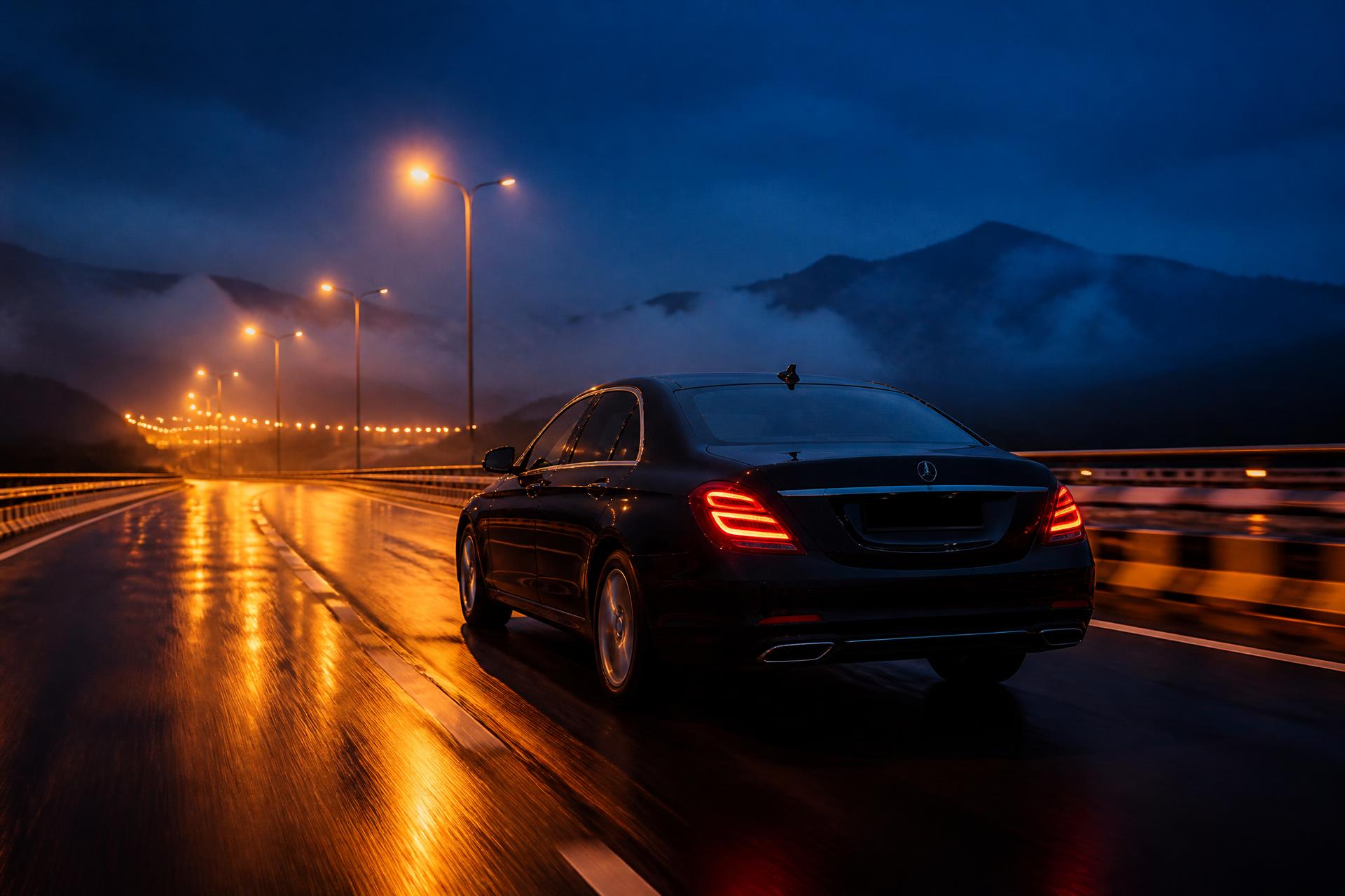 Chauffeur-driven luxury sedan on an Indian expressway at blue hour